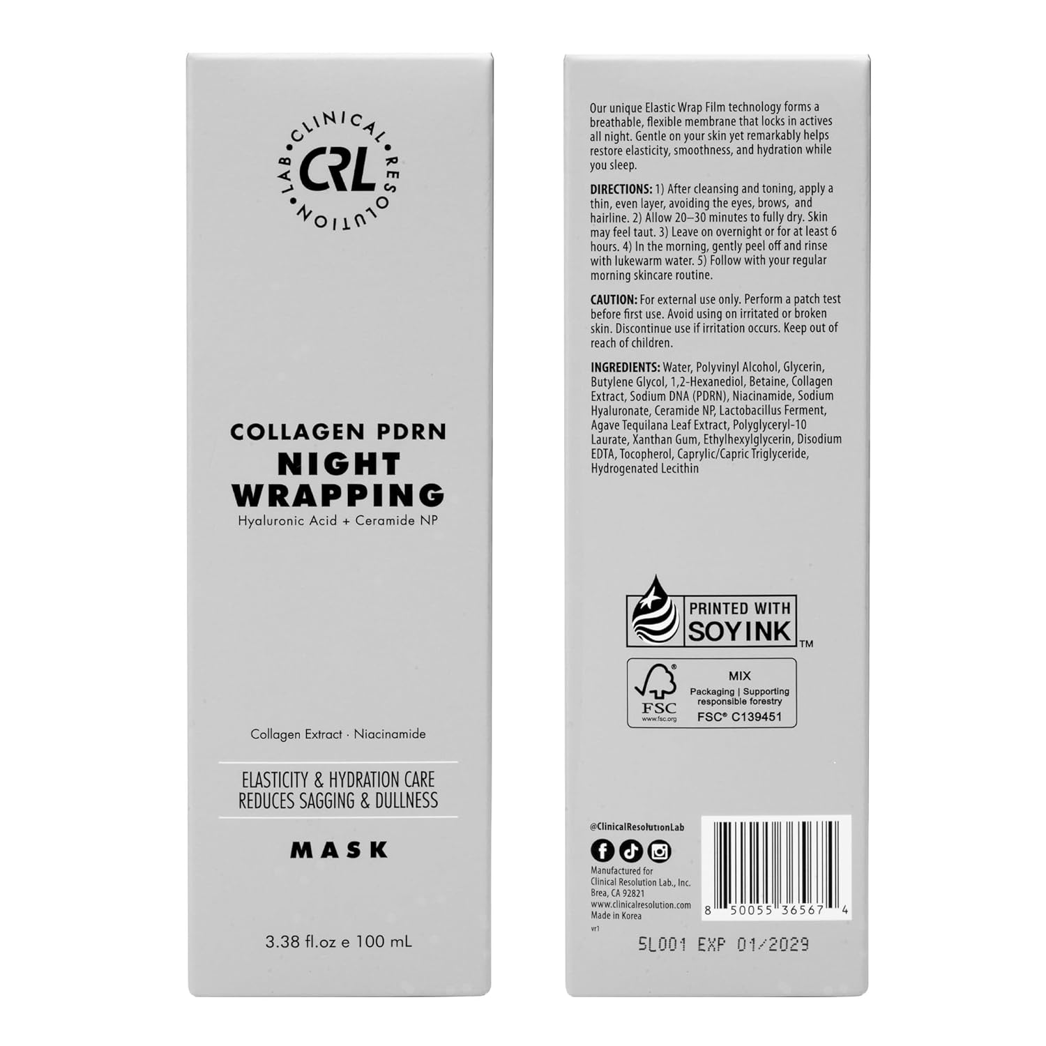 Clinical Resolution PDRN Collagen Night Wrapping Mask, All-In-One Nourish, Revitalize, Radiance for Youthful Glowing Skin Overnight Peel Off Face Mask Korean Skin Care Lab, 3.38 fl.oz 100ml